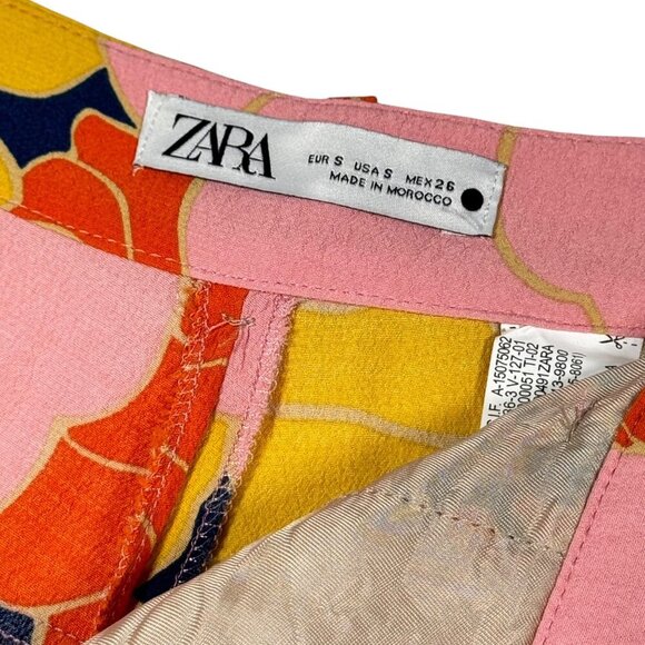 Zara Floral Print Flare Pants Sz.S Pink High Rise Viscose Dopamine Blogger Fav - Picture 10 of 16